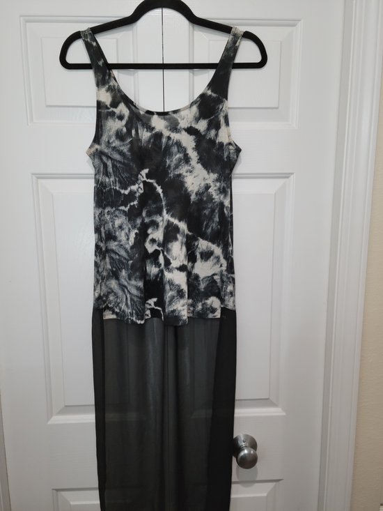 Express Tops - Express Black and White Tie-Dye Tank w/ Black Sheer High Low Hem